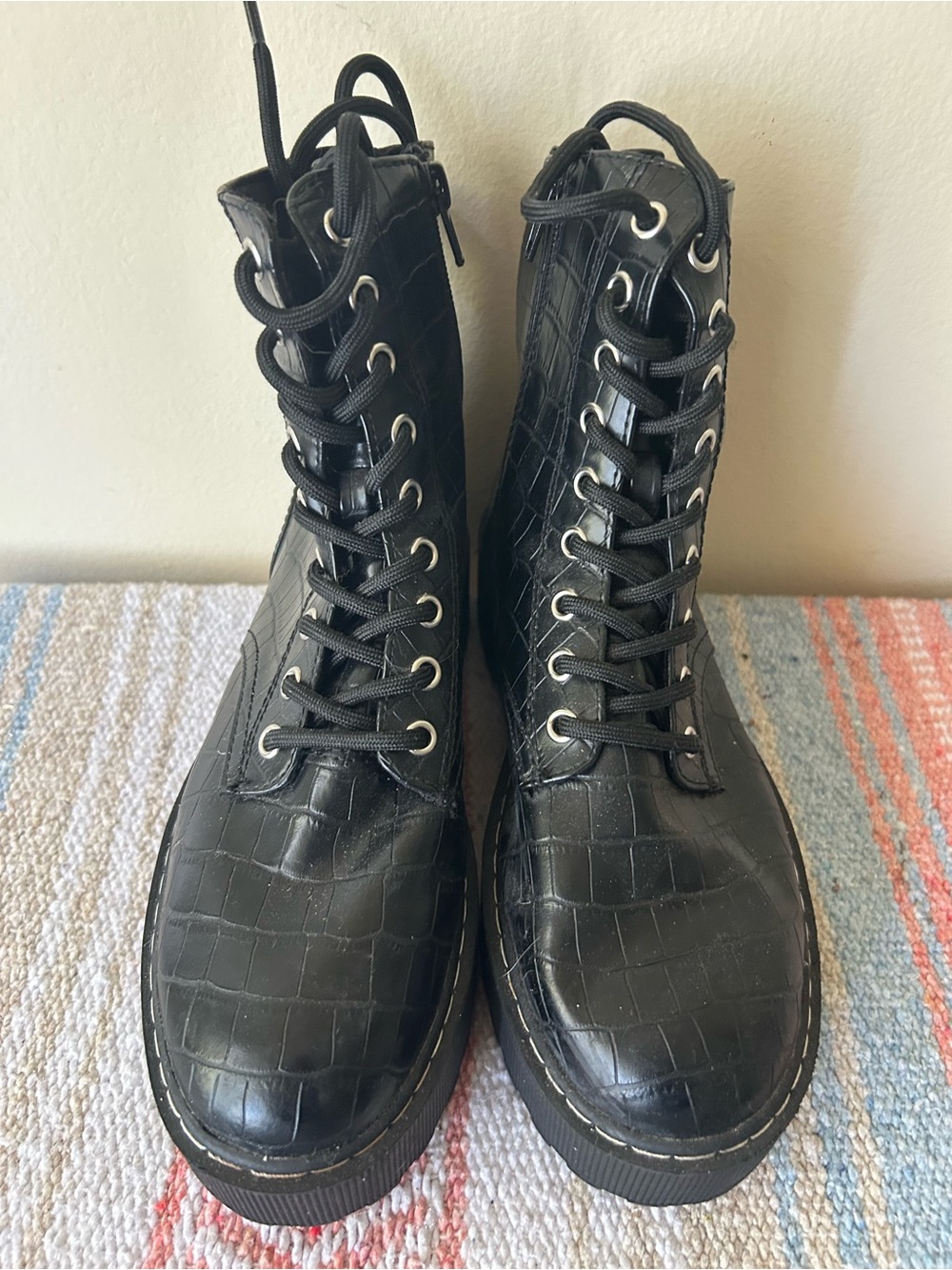 H&M Black Croc-Embossed Lace-Up Boots